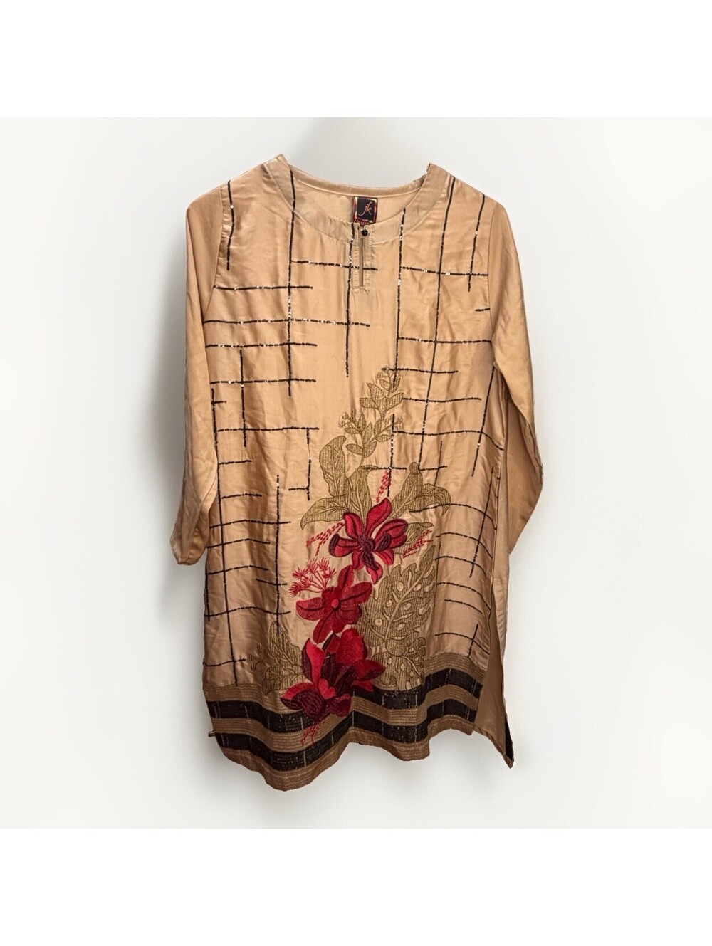 JK Collection Embroidered Floral Kurti Tunic Womens Beige Sequin Long Sleeve